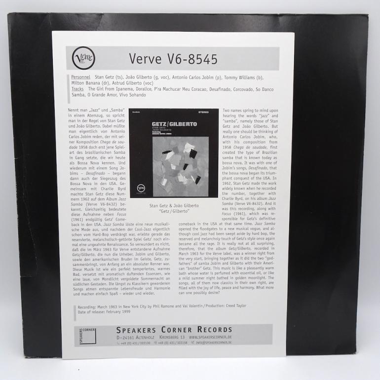 Getz/Gilberto / Stan Getz - Joao Gilberto  --  LP 33 giri  180 gr. -  Made in GERMANY 2007 - SPEAKERS CORNER/VERVE RECORDS - VERVE V6-8545 - LP APERTO - TEST PRESSING