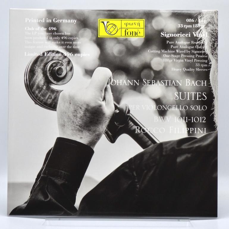 J.S. BACH Suites Per Violoncello Solo BWV 1011-1012 / Rocco Filippini  --  LP 33 giri -180. gr. Made in EUROPE 2016 - FONE' RECORDS - 86/1Lp - LP APERTO- EDIZIONE LIMITATA